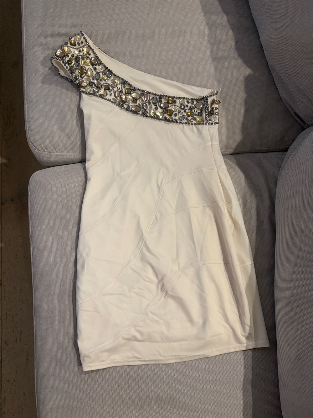 White One-Shoulder Embellished Mini Dress